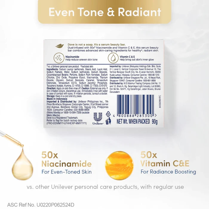 [BUNDLE OF 3] Dove Radiant + Care Serum Bar Niacinamide and Vitamin C&E 90g