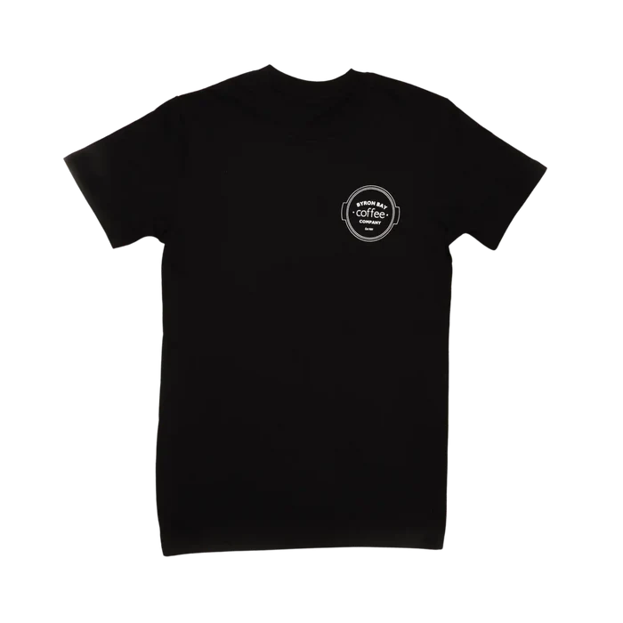 Black t-shirt with a white logo on the chest against a white background