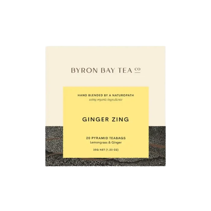 Retail box of Byron Bay Tea Company Ginger Zing 20 pyramid teabags