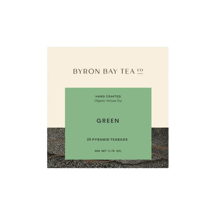 Retail box of Byron Bay Tea Company Green tea in pyramid teabgs