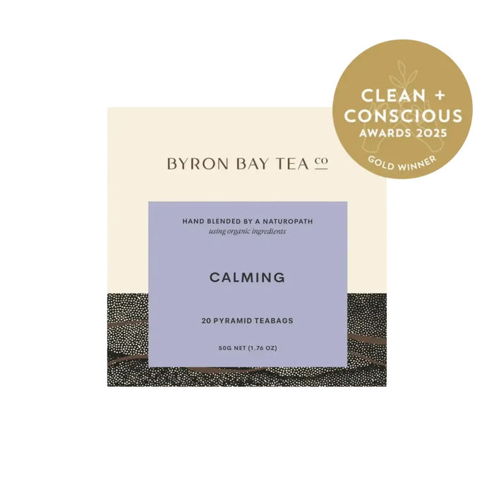 Retail box of Byron Bay Tea Company calming pyramid teabags