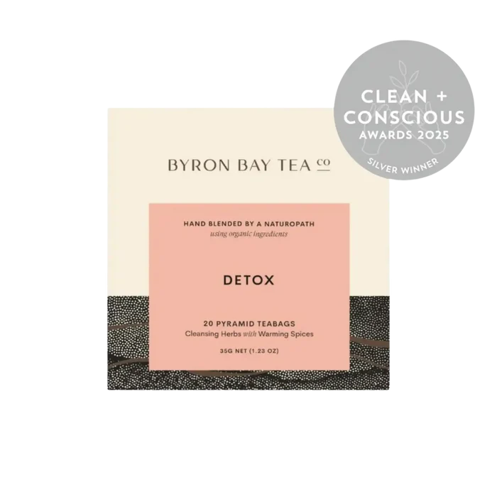 Retail box of Byron Bay Tea Co. detox pyramid teabags