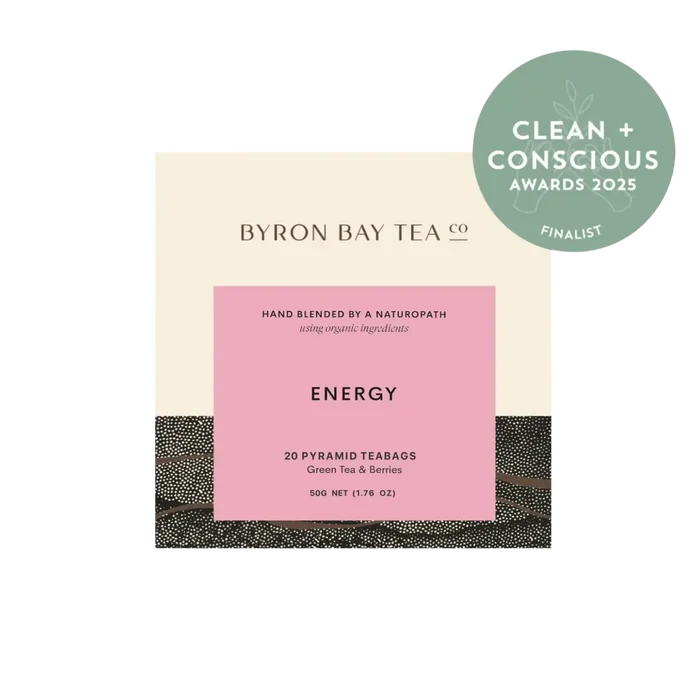 Retail box of Byron Bay Tea Co. Energy Pyramid teabags