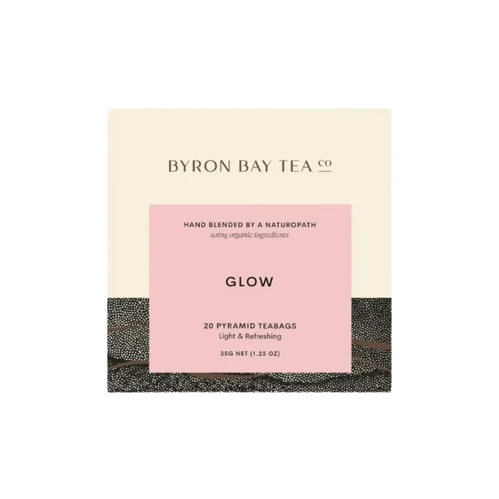 Retail box of Byron Bay Tea Company 'Glow' pyramid teabags