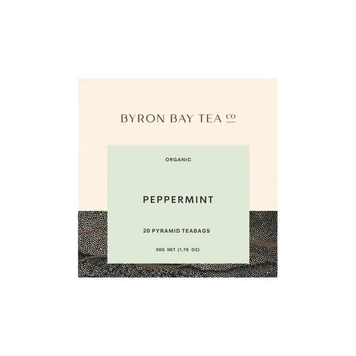 Retail box of Byron Bay Tea Company peppermint pyramid teabags