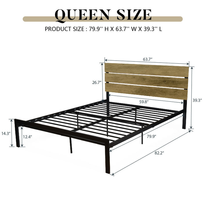 Cadre de lit plateforme en métal Paloma avec tête de lit en bois, sommier non requis, format Queen, marron foncé