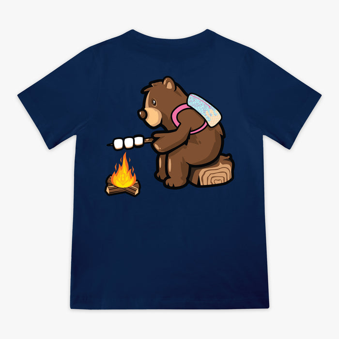 Campfire Tee navy baseball bear roasting marshmallows campfire graphic shirt