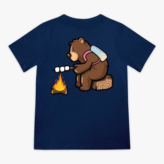 Campfire Tee navy baseball bear roasting marshmallows campfire graphic shirt