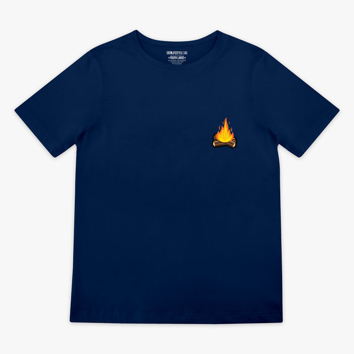 Campfire Tee navy baseball campfire chest graphic