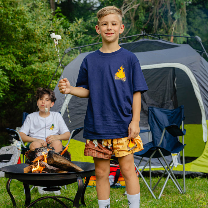 Campfire Tee navy baseball campfire chest graphic marshmallow roasting campsite
