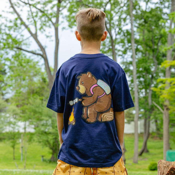 Campfire Tee navy baseball bear roasting marshmallows graphic camp