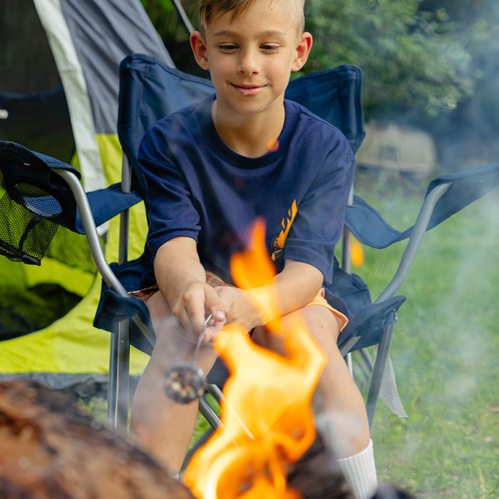 Campfire Tee navy baseball campfire chest graphic marshmallow roasting campsite