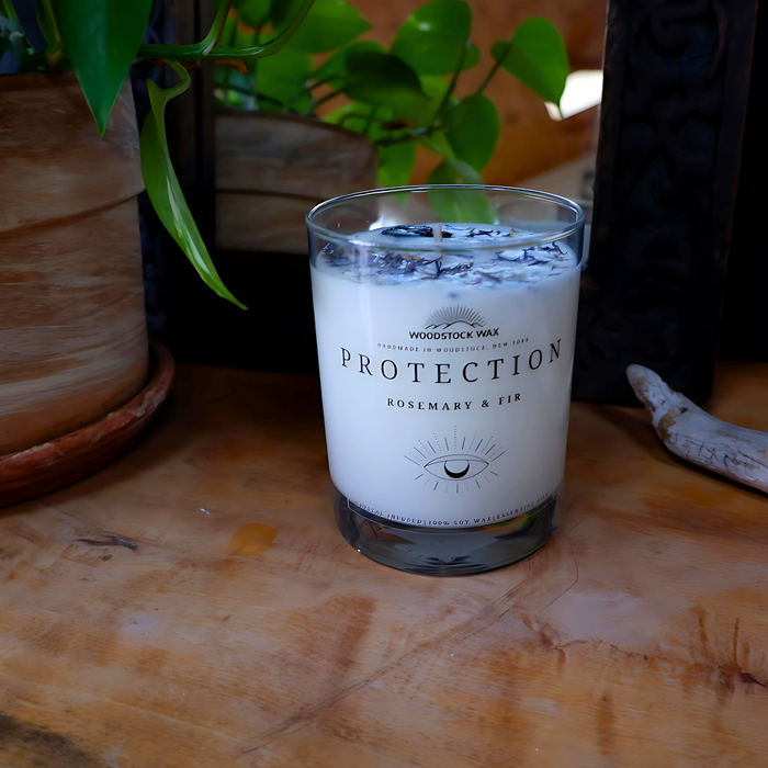 Candlestock Protection Scented Soy Wax Candle – Rosemary & Fir Essential Oils – With Black Tourmaline & Blue Cornflower