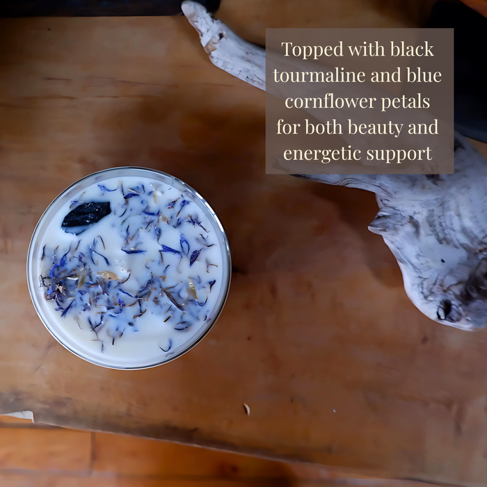 Candlestock Protection Scented Soy Wax Candle – Rosemary & Fir Essential Oils – With Black Tourmaline & Blue Cornflower