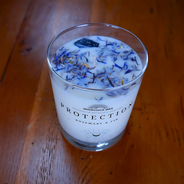 Candlestock Protection Scented Soy Wax Candle – Rosemary & Fir Essential Oils – With Black Tourmaline & Blue Cornflower
