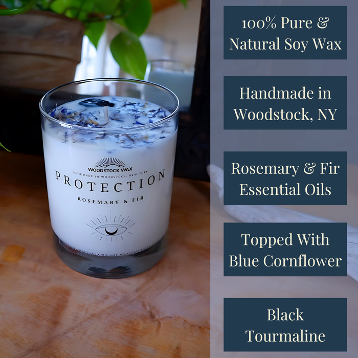 Candlestock Protection Scented Soy Wax Candle – Rosemary & Fir Essential Oils – With Black Tourmaline & Blue Cornflower