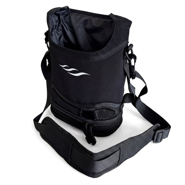 Black bag with a white Freestyle Comfort Portable Oxygen Concentrator  on a white background