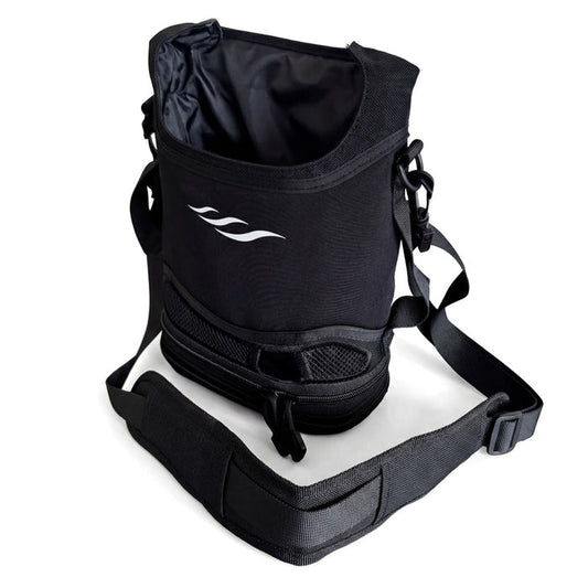 Black bag with a white Freestyle Comfort Portable Oxygen Concentrator  on a white background