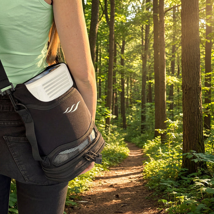 Person walking in a forest with a black and white bag on their back