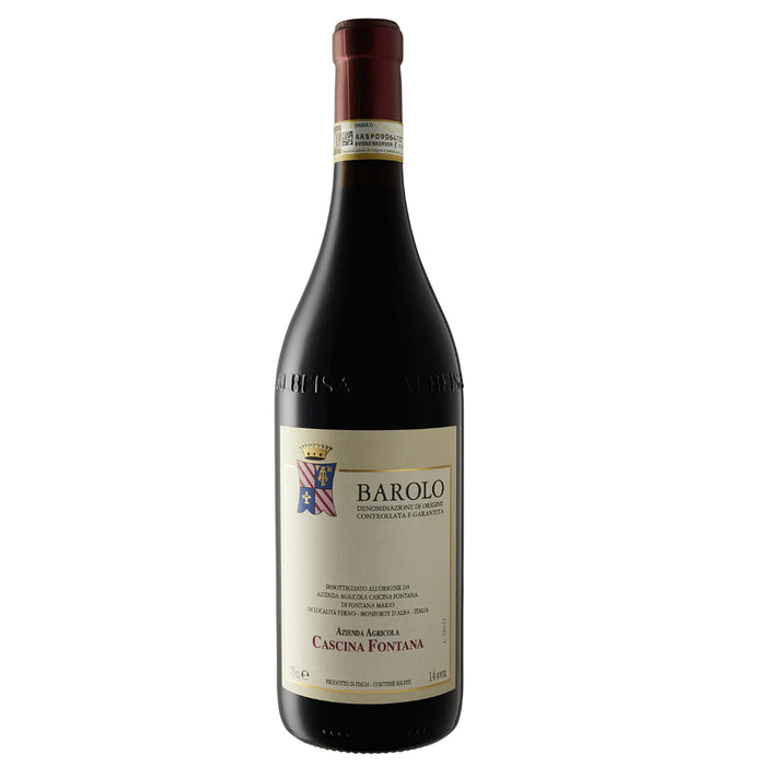 Barolo wine bottle by Cascina Fontana, dark glass with red foil cap