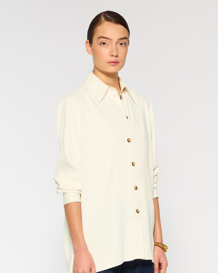 Serena Bute London | Casual Shirt | Ecru | Side View Model Wearing