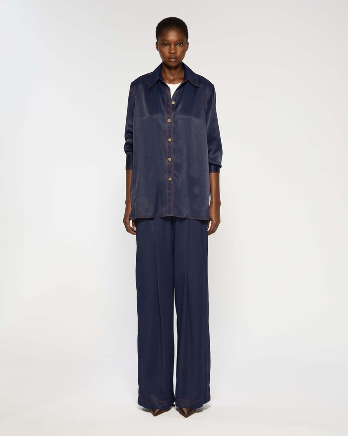 Serena Bute London | Casual Shirt | Navy Blue | Front View Model Wearing 2