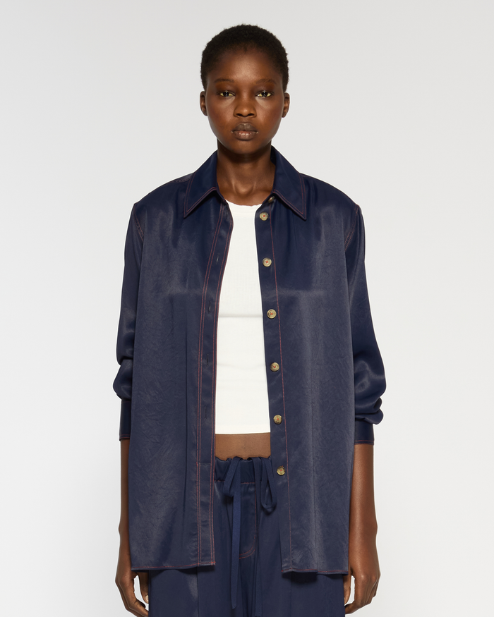Serena Bute London | Casual Shirt | Navy Blue | Front View Model Wearing 3