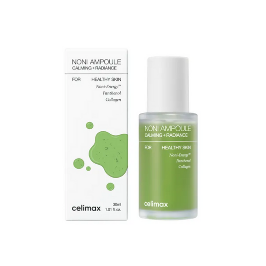 CELIMAX Noni Ampoule Calming + Radiance is a nutrient-rich serum designed to soothe and enhance skin luminosity. It is formulated with Morinda Citrifolia (Noni) Fruit Extract and Noni Seed Oil, known for their powerful anti-inflammatory and antioxidant properties. The serum also features a blend of hydrating ingredients such as Sodium Hyaluronate and Panthenol, along with a mix of natural oils like Jojoba, Grape Seed, and Olive oils to nourish and protect the skin. This formula is perfect for im