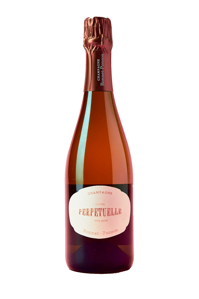 Bottle of Bonnet-Ponson Cuvée Perpétuelle Non Dosé champagne with pink label