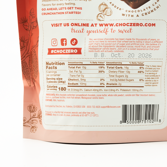 Choc Zero Keto Bark Milk Choco Hazelnut 15 Mini Bars - 170g