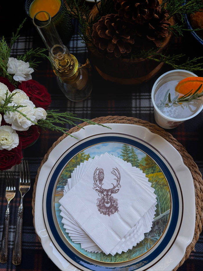 Set of Christmas Deer cocktail napkins by Alexa Pulitzer featuring festive deer illustrations for holiday celebrations.