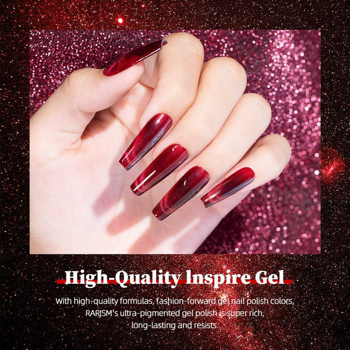 Red Glitter Cat Eye Nails Shiny Magic Starlight Effect