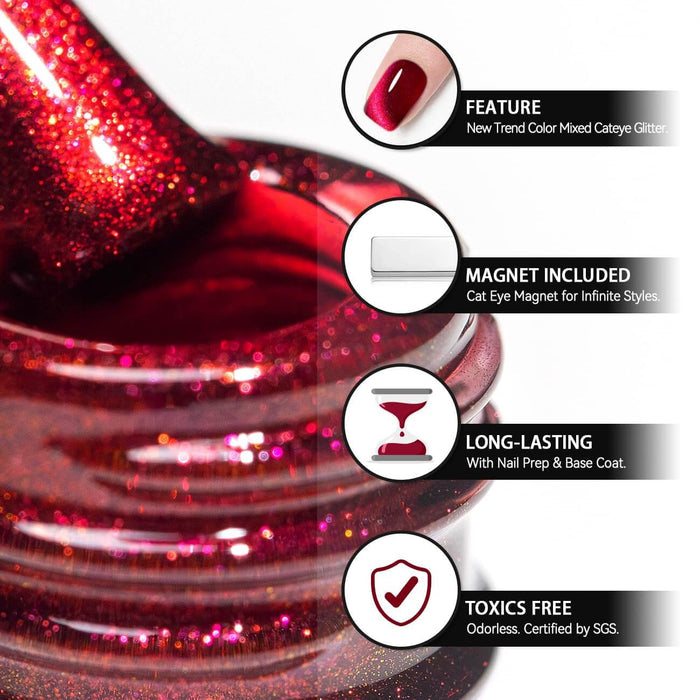 Christmas Red Glitter Cat Eye Gel Polish Bottle Detail Shimmer