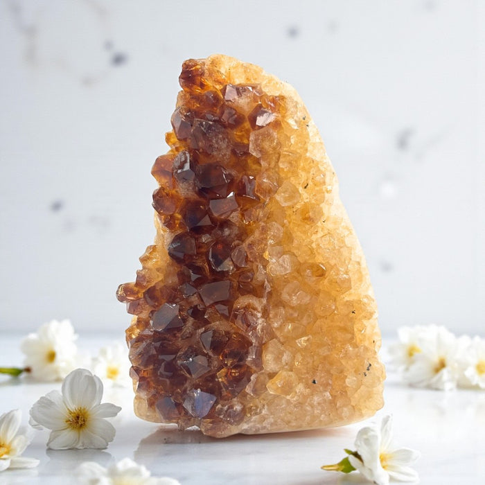 Citrine rock with brown crystals on a white background