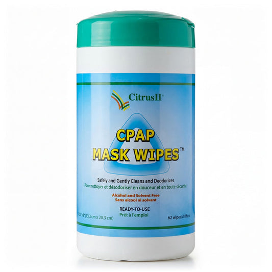 A canister of Citrus II CPAP Mask Cleaning Wipes with a label showing the product name and brief description.