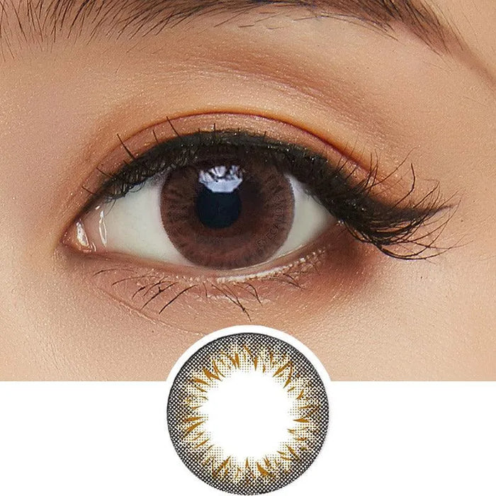 A close-up of a brown eye with long lashes wearing Clalen Iris Latin Brown (30pk) lenses by Clalen, featuring a subtle brown and gold starburst pattern. An enlarged image of the lens design appears below the eye.
