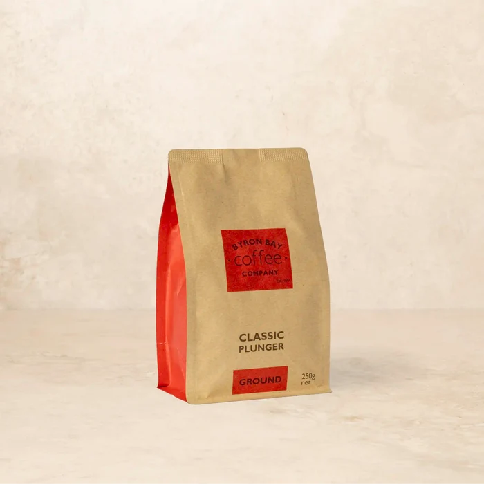 Bag of Classic Plunger coffee with dark chocolate, cinnamon, and brown sugar notes.