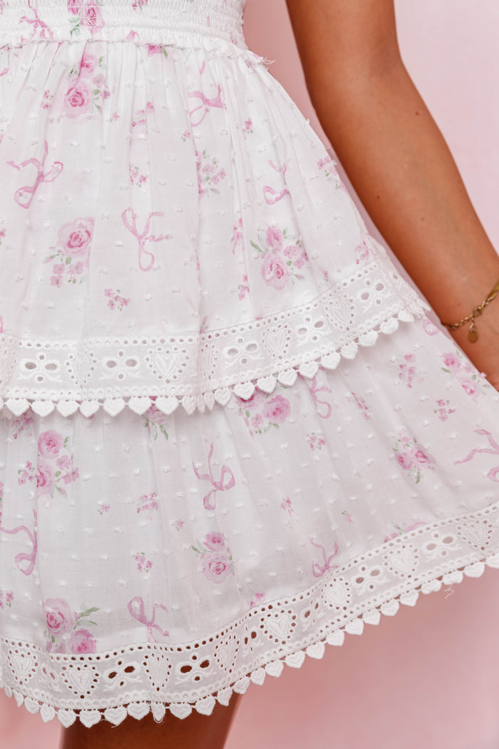 Pink Floral Ribbon Mini Dress- Women's White Tie Strap Mini Dress- Sky To Moon Dresses