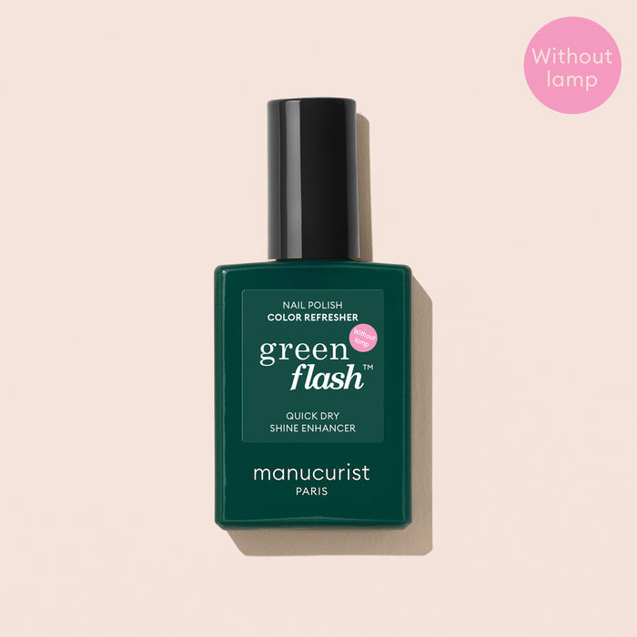 A bottle of Manucurist Color Refresher nail polish is shown on a light pink background. Ideal for quick touch-ups, it revives your manicure and prolongs color. A pink circle states: Without lamp.