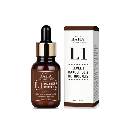 COS DE BAHA (L1) Bakuchiol 2% + Retinol 0.15% Serum is a gentle yet effective anti-aging serum suitable for most skin types. It combines Bakuchiol, a natural retinol alternative, with 0.15% Retinol to reduce fine lines, improve skin elasticity, and promote smoother skin texture. Enriched with Niacinamide for brightening, Panthenol for hydration, and Vitamin E for antioxidant protection, this serum supports a youthful, radiant complexion. Soothing extracts like Aloe Vera, Lavender, and Green Tea
