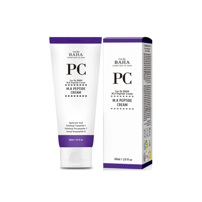 COS DE BAHA (PC) M.A Peptide Cream is a nourishing anti-aging moisturizer designed to smooth wrinkles, improve elasticity, and support a firmer-looking complexion. Formulated with Niacinamide, Hyaluronic Acid, Matrixyl 3000, and Argireline Peptide, it helps boost the appearance of firmness while softening the look of fine lines. With added Panthenol, Ceramide NP, Squalane, Aloe, and Allantoin, this cream hydrates, soothes, and supports the skin barrier. The lightweight formula absorbs well, leav