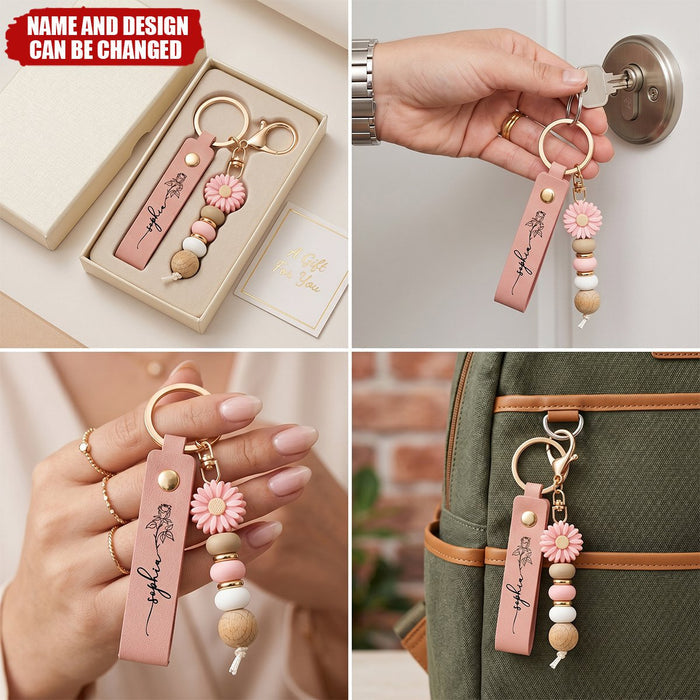 Daisy Charm & Floral Line Art - Personalised PU Leather Keychain