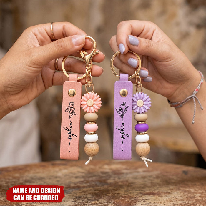 Daisy Charm & Floral Line Art - Personalised PU Leather Keychain