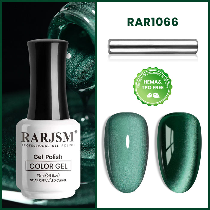 RAR1066 Dark Green cat eye gel polish 15ml HEMA TPO free vegan magnetic shimmer emerald forest green