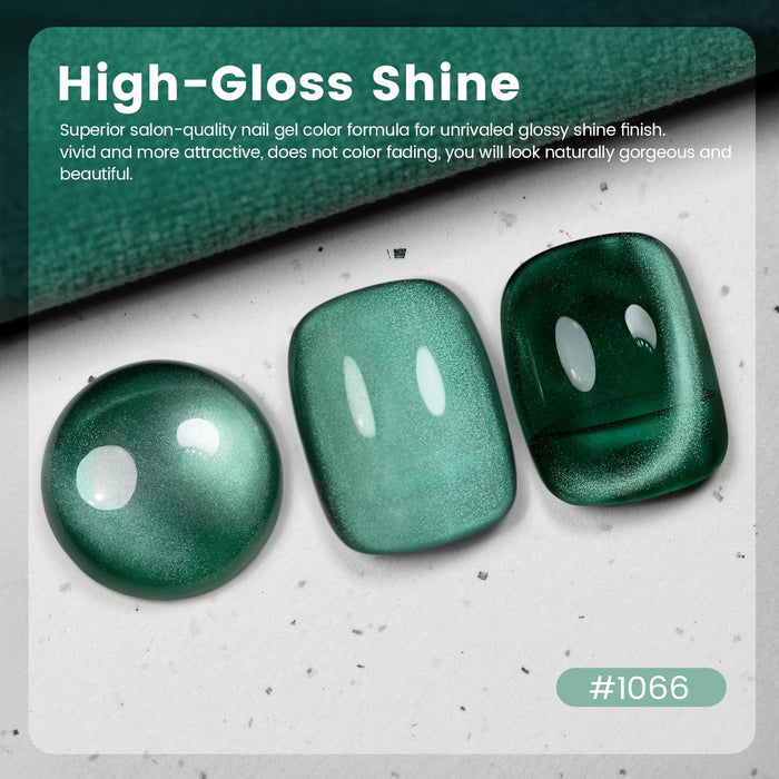High-gloss shine dark green cat eye gel polish 1066 sage to forest green gradient emerald shimmer