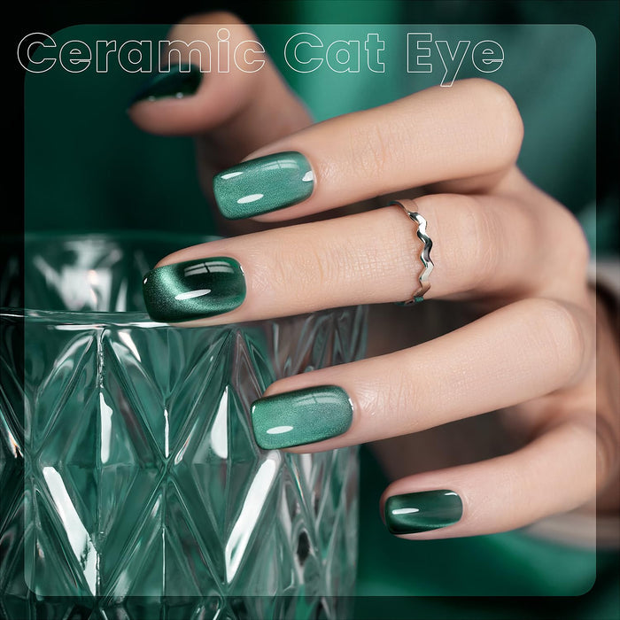 Ceramic cat eye effect dark green gel polish magnetic shimmer elegant sophisticated manicure