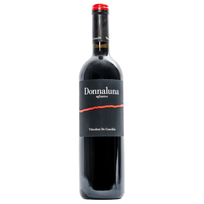 Donnaluna Aglianico wine bottle with red cap and dark label on black glass