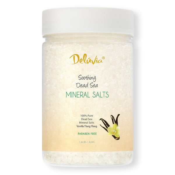 Jar of Deluvia Dead Sea Mineral Salts Vanilla Ylang Ylang