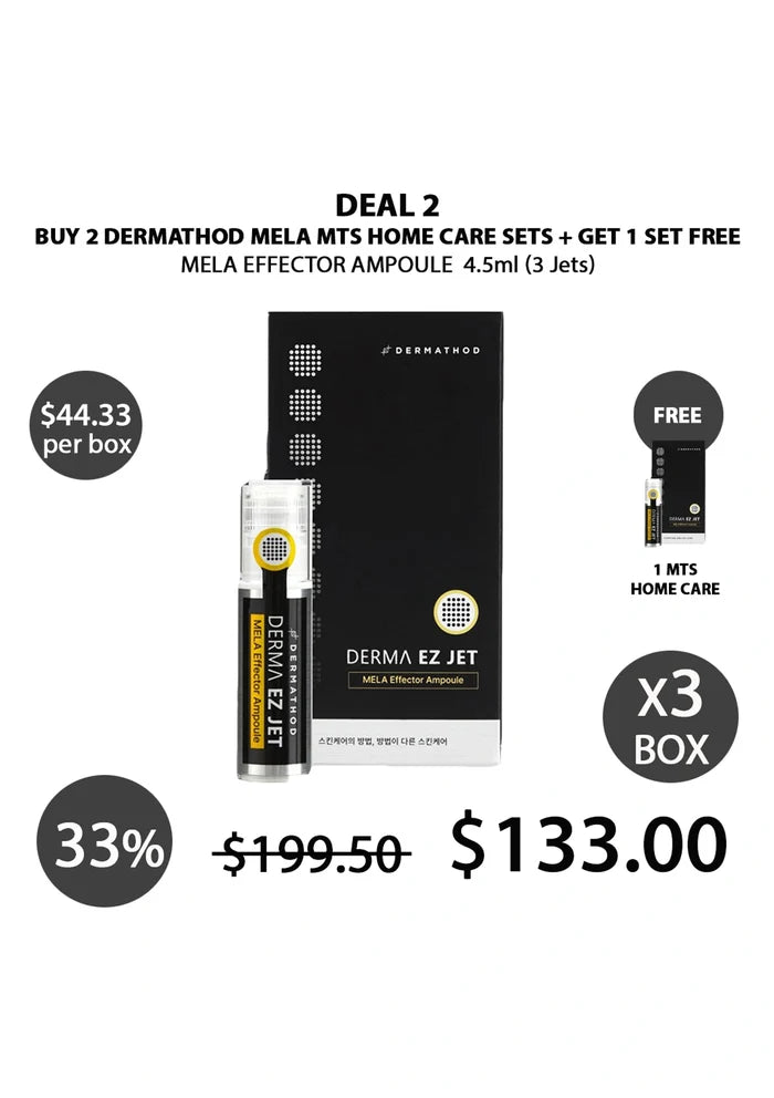 Dermathod Mela MTS home care set with Derma EZ Jet and Mela Effector Ampoule on a white background