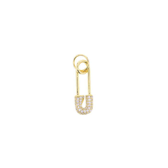 Gold diaper pin charm with clear CZ stones and loop clasp